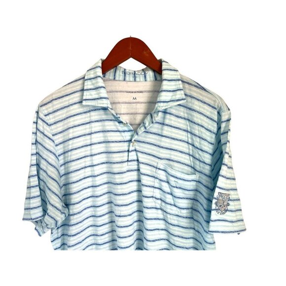 B DRADDY 100% PIMA Cotton Polo Shirt Pocket Embroidered Logo White Blue Pinstrip - Picture 2 of 10